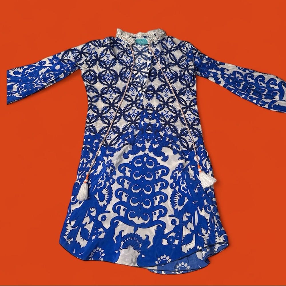 Taj Blue and White Patterned Long Sleeve Silk Tunic/mini Dress